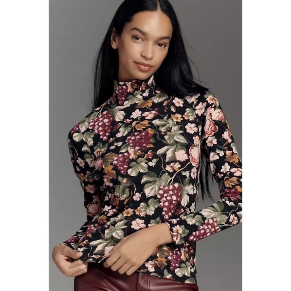 Maeve Anthropologie Hailey Long-Sleeve Turtleneck Dark Floral Grapes Print - Med